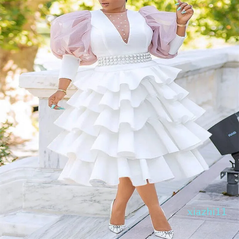 African Women Plus Size White Party Dress Vintage Puff Sleeve Cute Ruffle Tiered Layered