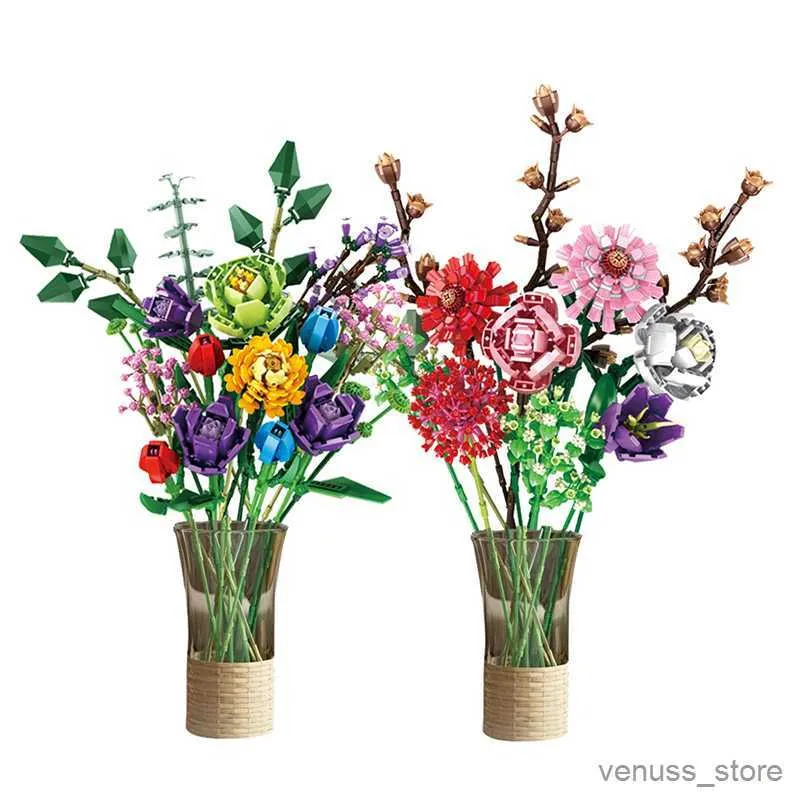 Blocchi San Valentino Bouquet Blocchi di costruzione Arredamento per la casa Pianta bonsai Romantico fiore rosa Modello assemblato Ragazza regalo R230629