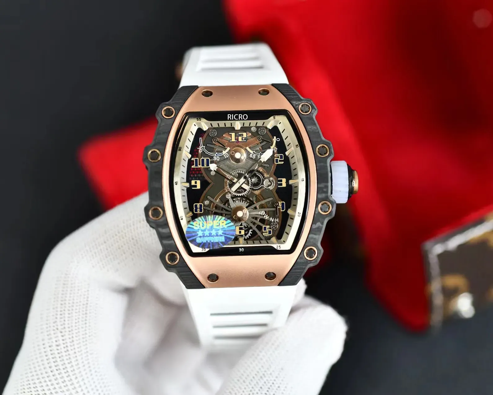 U1 relógio masculino AAA de alta qualidade, mecanismo automático, movimento, caixa de fibra de carbono, pulseira de borracha, fivela borboleta, relógios masculinos RICRO