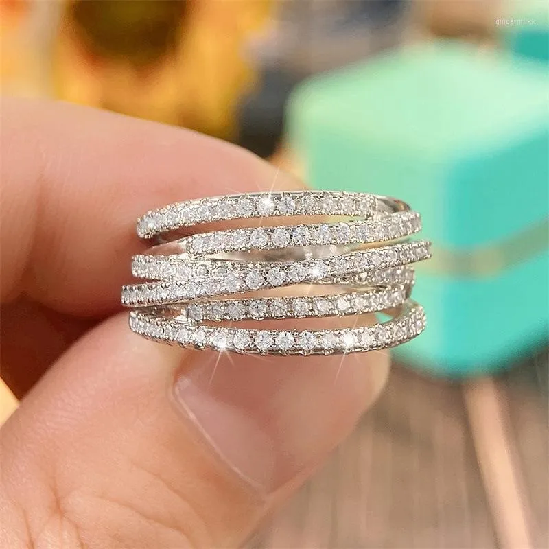 Rings Fashion Female Silver Geometric Line Irregular Multilayer for Women Inlaid Cubic Wedding Jewelry