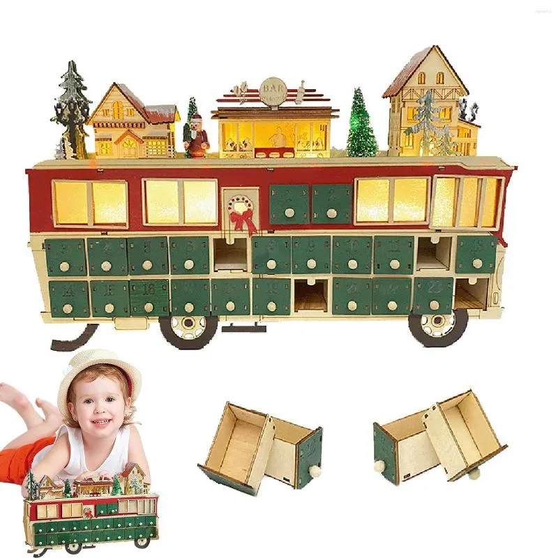 Décoration de fête calendrier de l'avent de noël Table en forme de Bus en bois éclairer les vacances avec tiroir à compte à rebours