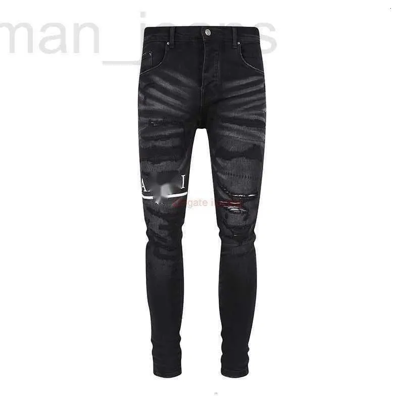 Mäns jeans designer designer kläder amires denim byxor amies nya herrar svart perforerade broderade amerikanska high street smala passform