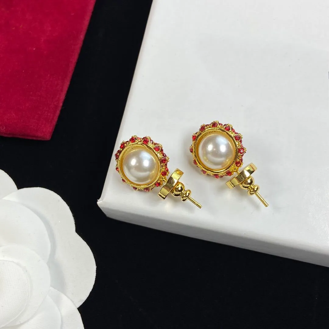 Red Diamonds Women Designer Stud White Pearl Luxury Brass Engagement Earring Wholesale