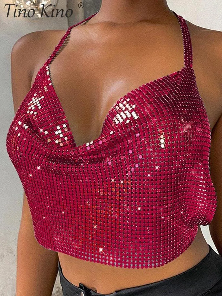 Women's Tanks Camis Glitter Metal Halter Chain Crop Top Women Sexy Hollow Out Backless Vest Female Corset Sleeveless Night Club Tops 230628