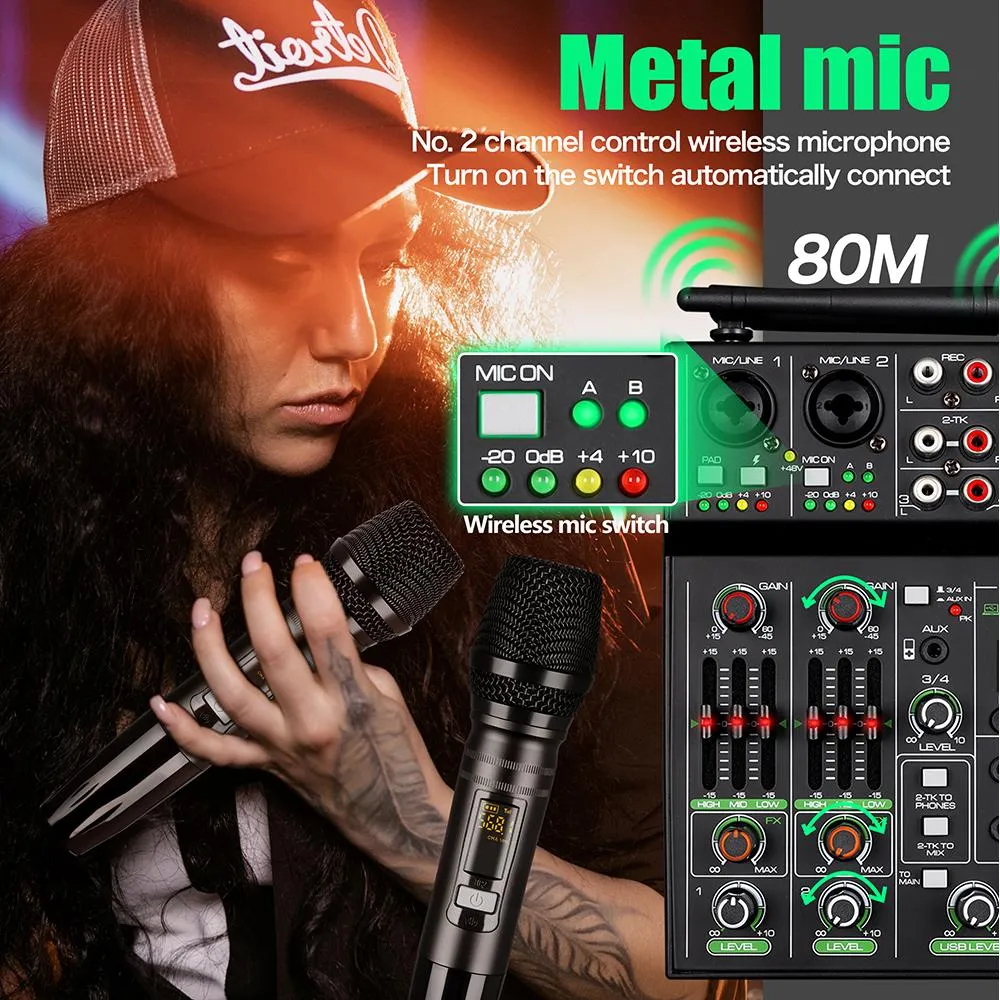 Mixer Dgnog Mixer audio R4pro Microfono wireless a 4 canali Usb Bluetooth Rec Dj Console per casa Karaoke Stage Recording Studio