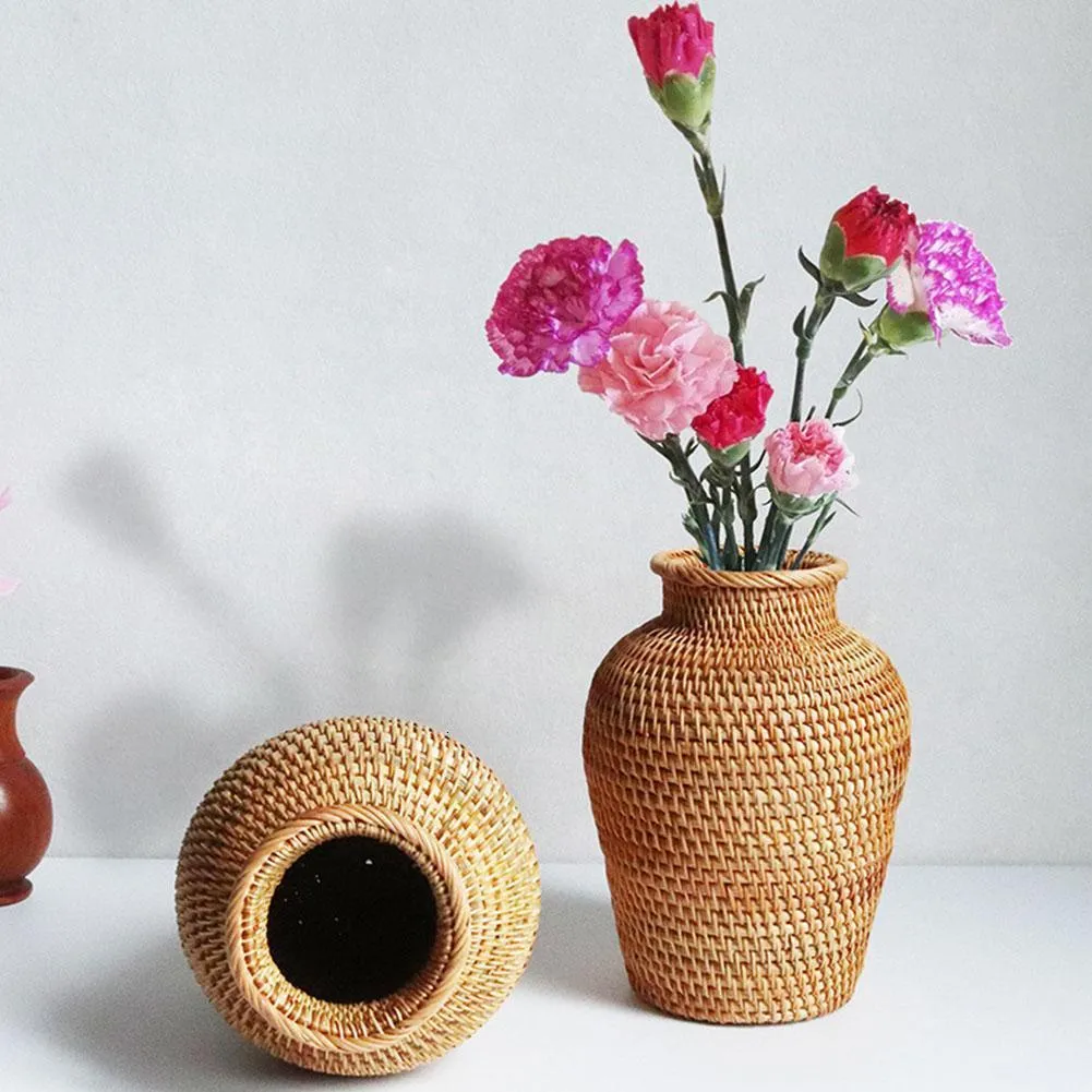 Vases Handmade Rattan Vase Flower Pot Holder Plant Storage Wicker Vases Decor Woven Flower Basket Storage Home Decor 230628