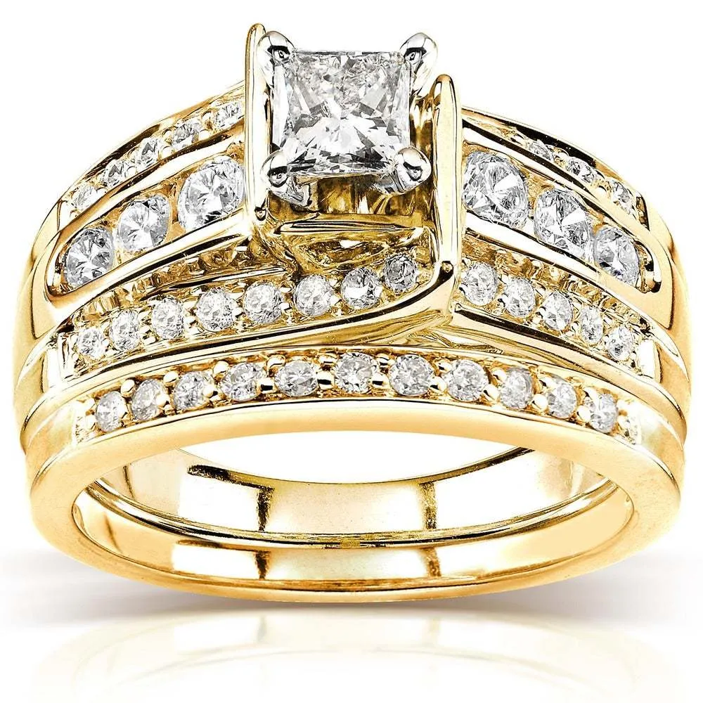 Elegante set in oro 18 carati di due anelli per coppia con diamanti a taglio principessa in due pezzi per gioielli da donna con zirconi geometrici