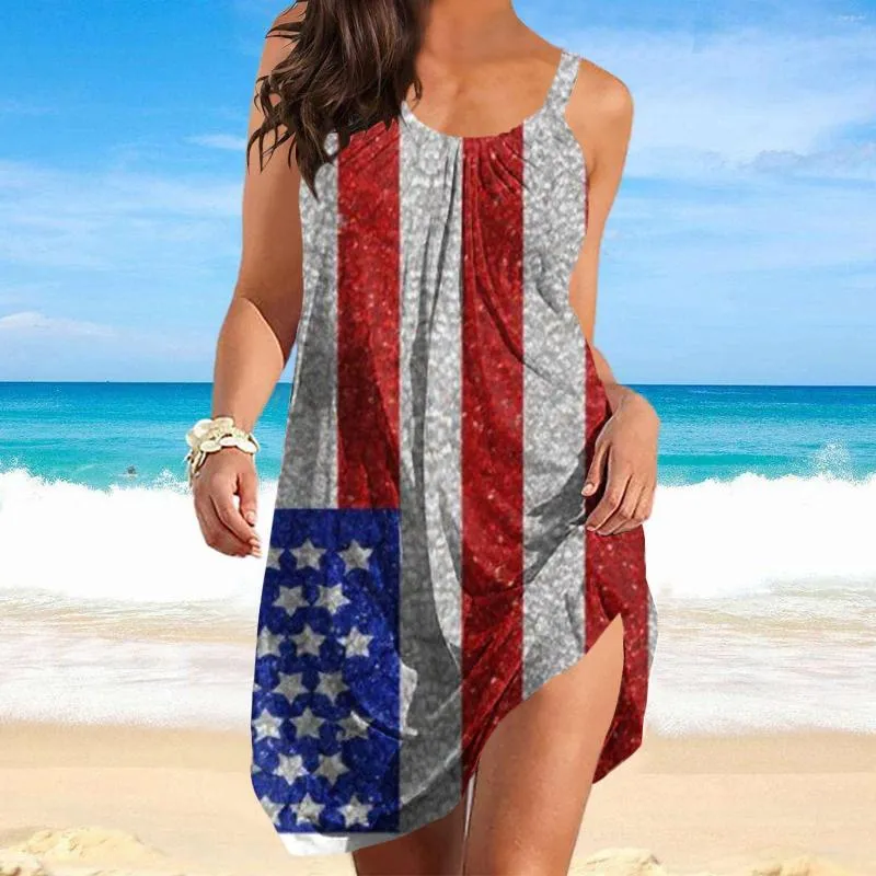 Vestidos casuais femininos verão decote redondo solto sem manga dia da independência 3D impressão digital faixa saia vestido de praia mulher elegante