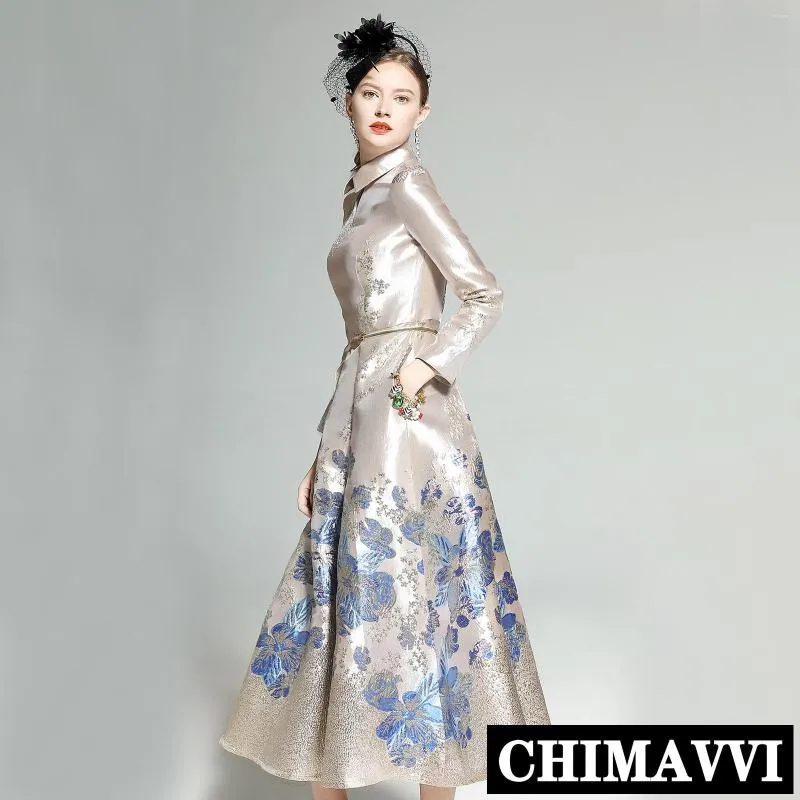 Vestidos casuais primavera feminino retrô lapela manga longa flor azul jacquard fino vestido elegante senhora meninas festa formal de luxo