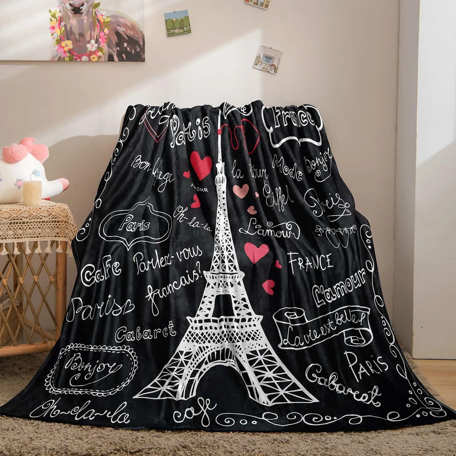 Coperta in pile Sherpa con torre Eiffel, romantica, per bambine e ragazze, con cuori colorati, coperta in peluche glitterata per divano letto, letto king size, 200 x 220 cm