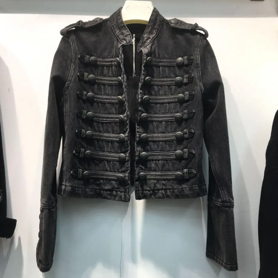 Kvinnors jackor retro militär stil stilig stativ krage denim jackor kvinnliga dubbelbröst gamla vilda smala korta denimjackor ytterkläder f368 230628