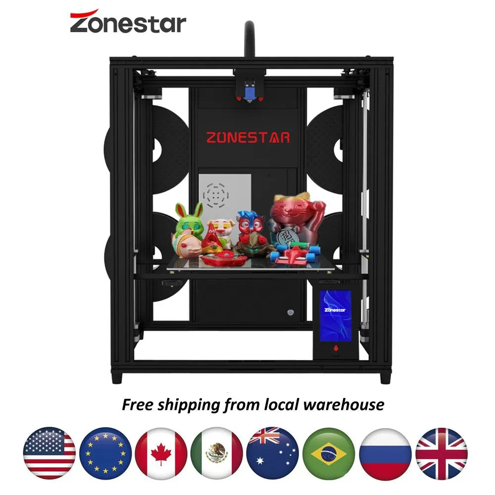 Scanning Zonestar Multi Color 3D Printer 4 Extruders 4in1out gesloten frame groot formaat stille auto nivellering snel printen corexy z9v5Pro