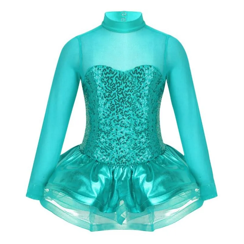 Kids Girls Shiny Sequins Tulle Splice Keyhole Back Figure Ice Skating Roller Skating Ballerina Ballet Dance Leotard Tutu Dress335f