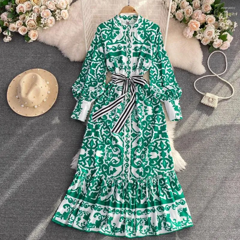 Casual Dresses Long Shirt Dress Women 2023 Autumn Fashion Bohemian Geometric Flower Print Poplin Stand Collar Lantern Sleeve Vacation