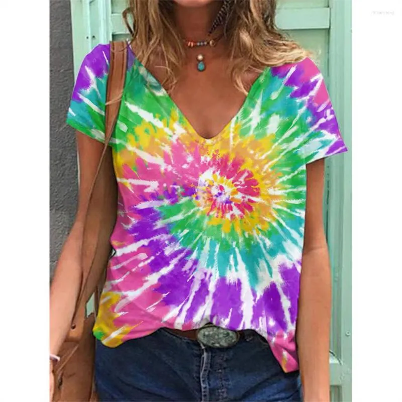 Camisetas de mujer verano colorido Tie Dye 3D estampado camisetas de talla grande camisa Streetwear Y2K Top Casual cuello en V mujer ropa señoras camisetas