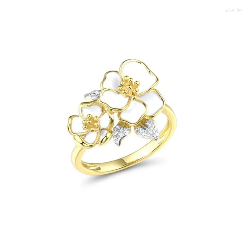 Cluster Rings Ladies Vintage Fashion Jewelry Yellow Gold Color White Enamel Flower Brilliant Zircon Wedding Engagement Gift