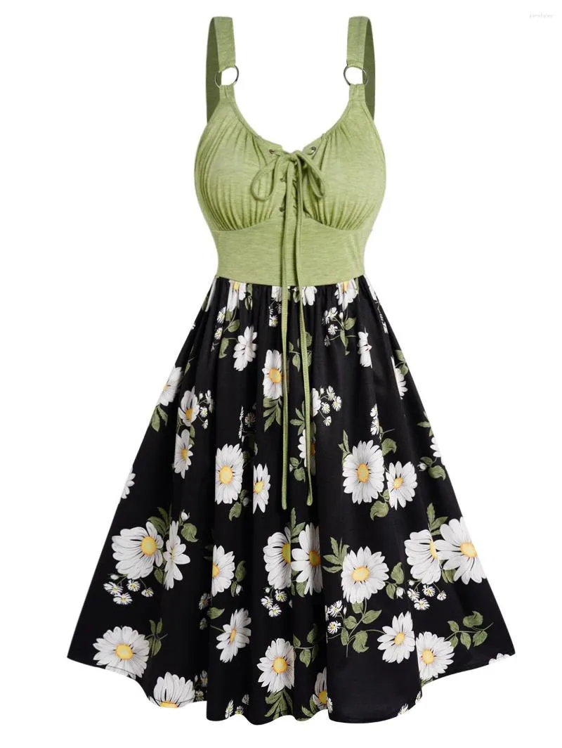 فساتين عادية Colorblock Daisy Leaf Print Mini Dress Lace Up O Ring Strap High Waist