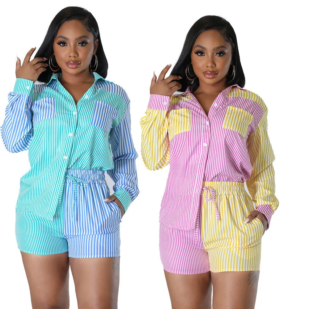 Women's Tracksuits Casual Summer Tracksuit Female Two Piece Set Striped Print Turn Down Collar Long Sleeve Shirt Tops And Mini Shorts Suit 230630