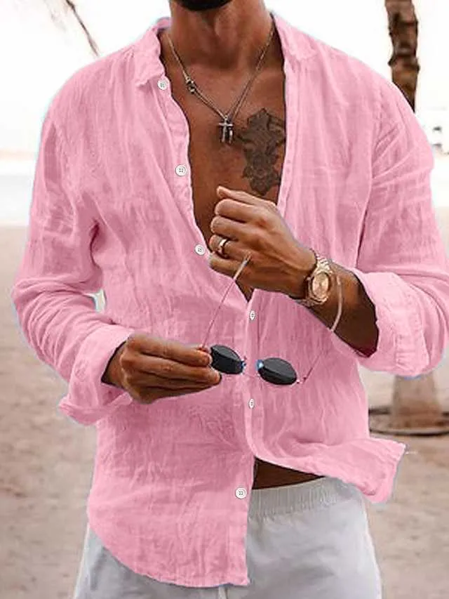 Camisa de lino para hombre Camisa casual Camisa de verano Camisa de playa Negro Blanco Rosa Manga larga Solapa lisa Primavera Verano Ropa de fiesta