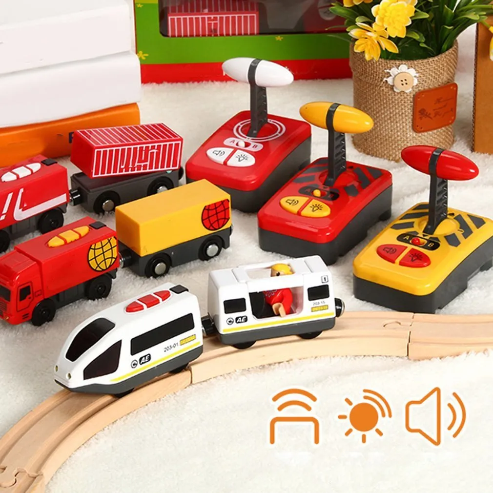 Electric/RC Track RC Electric Train Set With Carriage Sound and Light Express Truck FIT Wooden Track Children Electric Toy Kids Toys 230629