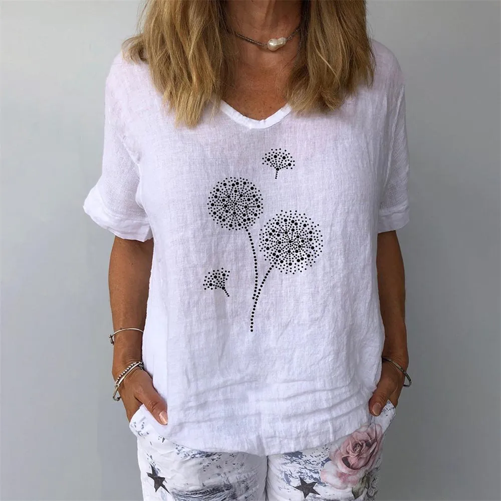 Women's Tanks Camis Summer T Shirt Fashion Female Short Sleeve Shirts V Neck 3d Pattern Lady Tee Top Dandelion Print Casual T Shirt Clothing 230630