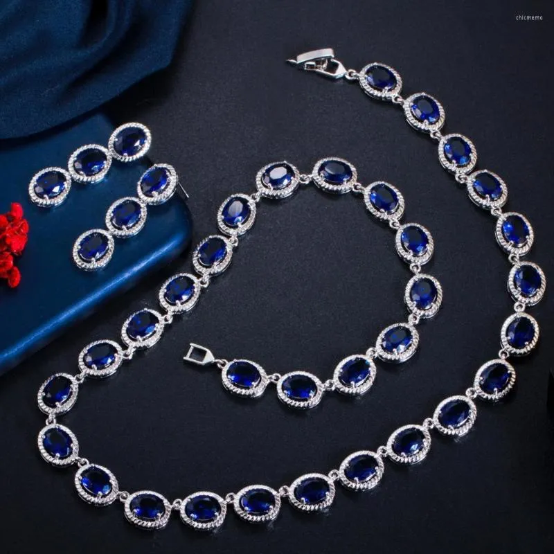 Necklace Earrings Set BeaQueen Stunning Big Oval Dark Blue Cubic Zirconia Stones Choker Wedding For Women JS272