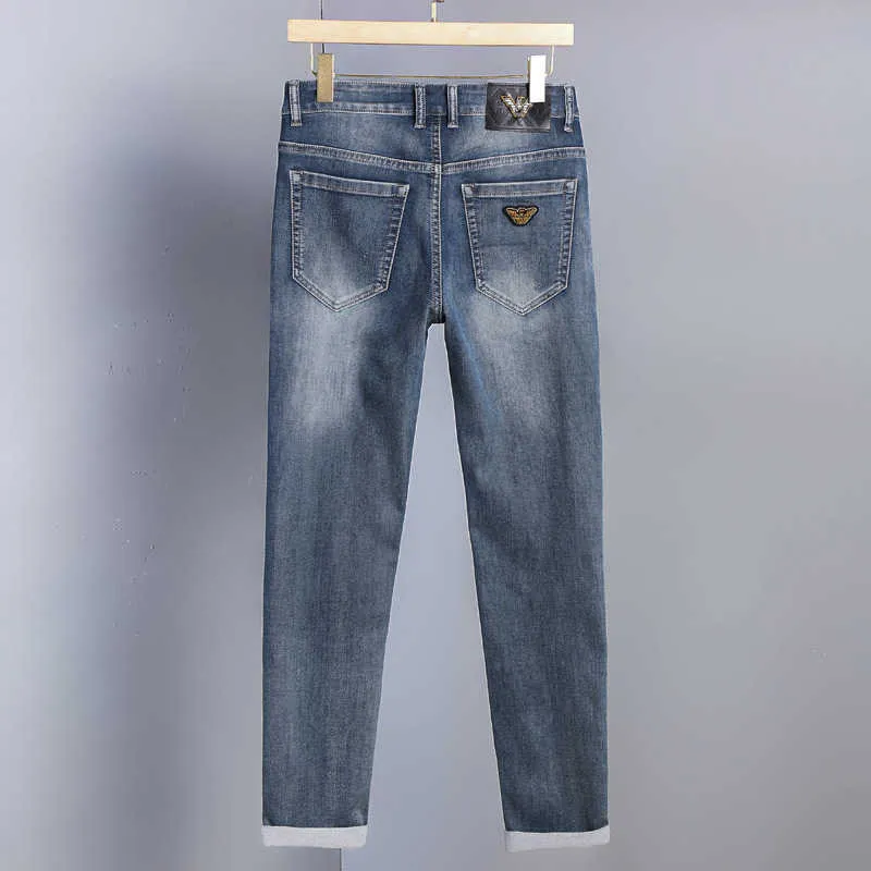 Herr jeans designer 2023 vår/sommar ny broderi hög kvalitet stor ko smal fit rak ärm elastiska långa byxor aj oq4v