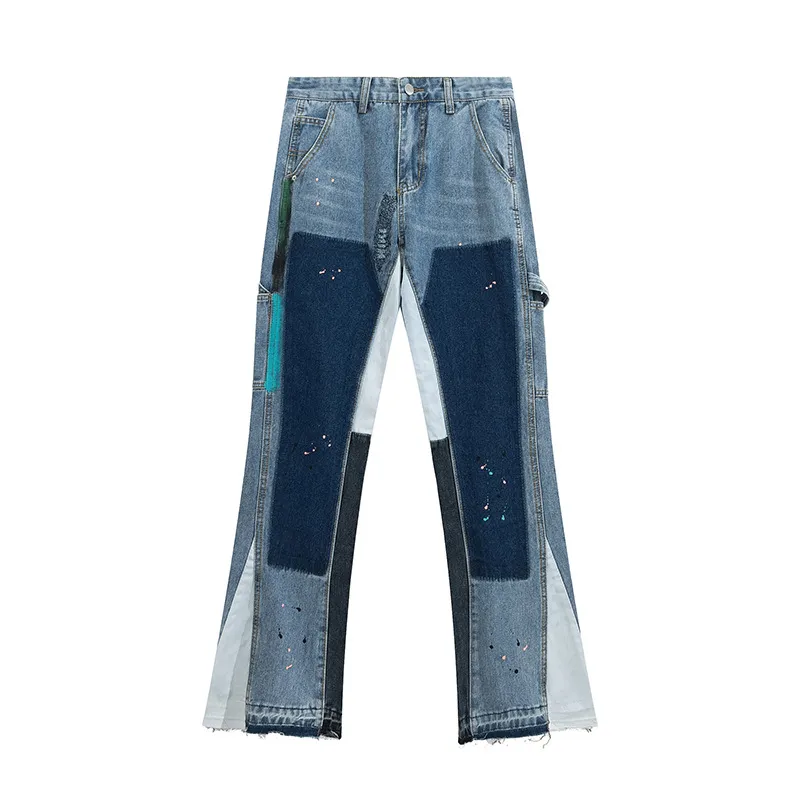 Jeans de marque à la mode épissure pantalon lavable unisexe Hip Hop Streetwear Flare Jeans
