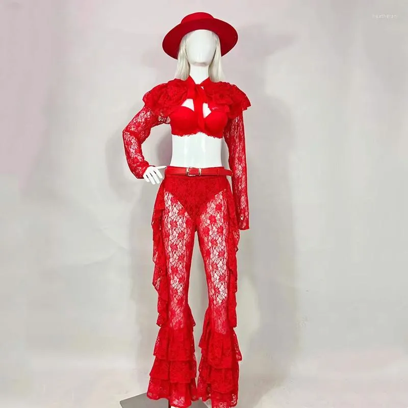 Stage Wear Discothèque Bar DJ Dancer Team Sexy Gogo Costume Jazz Dance Red Lace Top Pants Party Show Festival Rave Outfits