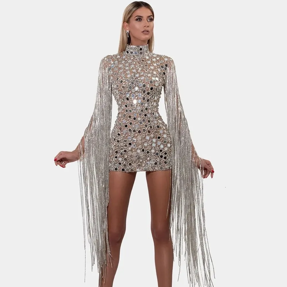 Urban Sexy sukienki błyszczące cekinowe kryształy Tassel Sleeve Krótkie dres urodziny Święt Party Mesh Transparent scena Wear 230629