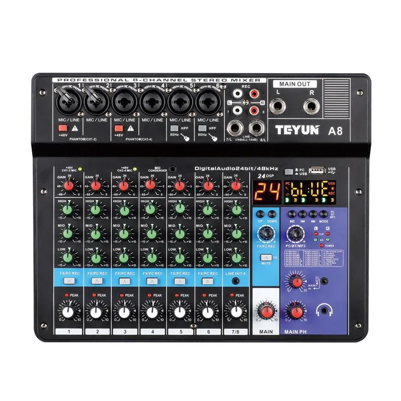 Mikser Teyun A8 Audio Console Console Dźwięk płyty z 8 kanałami, USB, Bluetooth, cyfrowe wejście komputera mp3, 48V Phantom Power