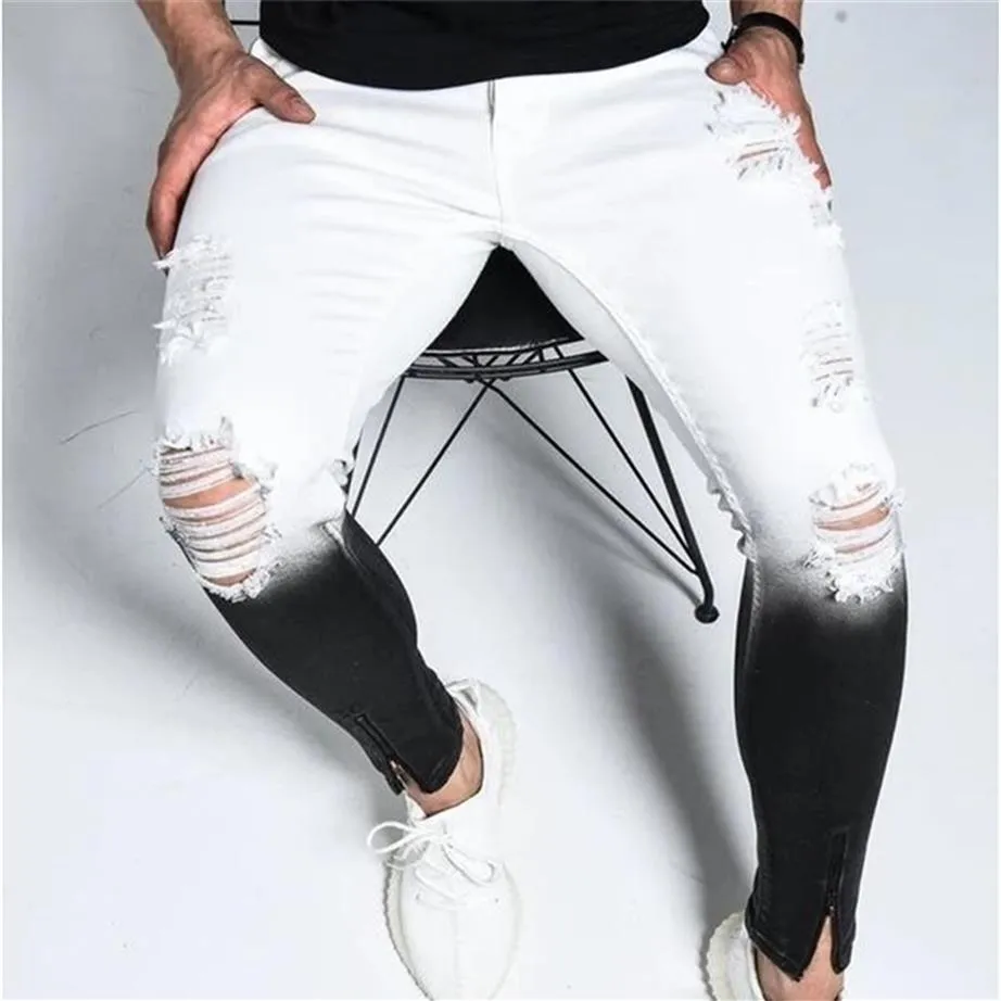 New Summer Mens Skinny Jeans Men Ripped Skinny Jeans Hole Destroyed Frayed Slim Fit Denim Pant With Zipper Pencil Pants Trousers L269u