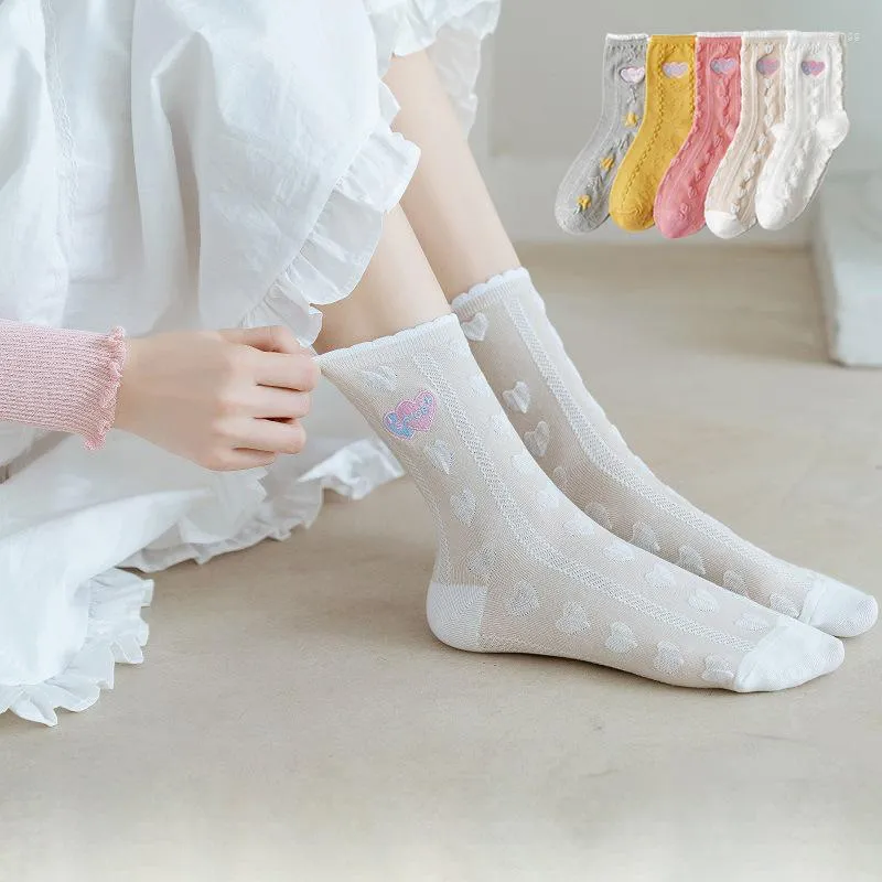 Women Socks Embroidered Love Star Tube Female Lace Candy Color Student Tide Japanese Wild Jk Lolita Stockings Cute Cotton Woman