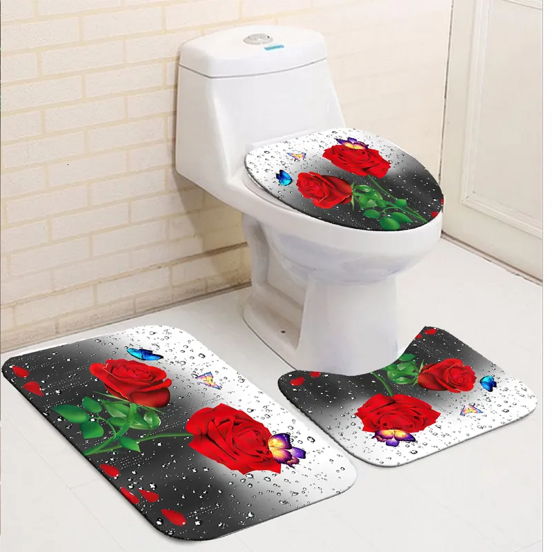 3D Rose Waterproof Shower Curtain Set Toilet Cover Mat Nonslip