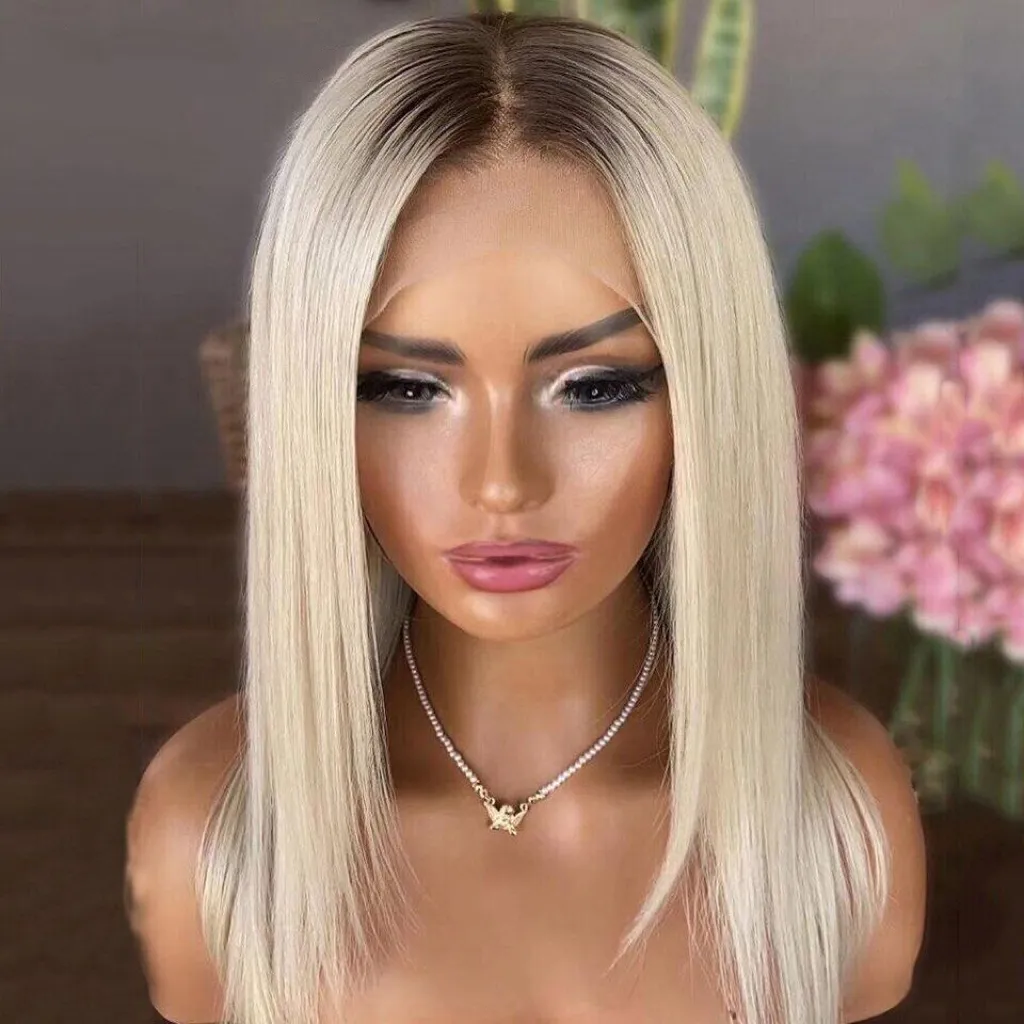 Ombre Blonde Cendré Droite 13x4 Lace Front Bob Perruque Sans Colle Perruques de Cheveux Humains