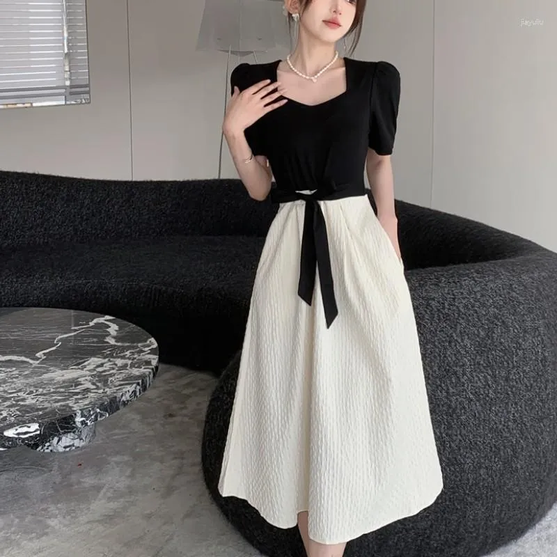 Party Dresses Fashion Hit Color Patchwork Midi Dress Female Summer Temperament Elegant Short Sleeve Slim A-Line 2023 Lady Clothing