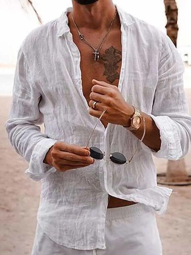 Men's Linen Shirt, Casual Summer Beach Shirt, Black/White/Pink, Long Sleeve  Plain Lapel, Spring Summer Hawaiian Holiday Clothing