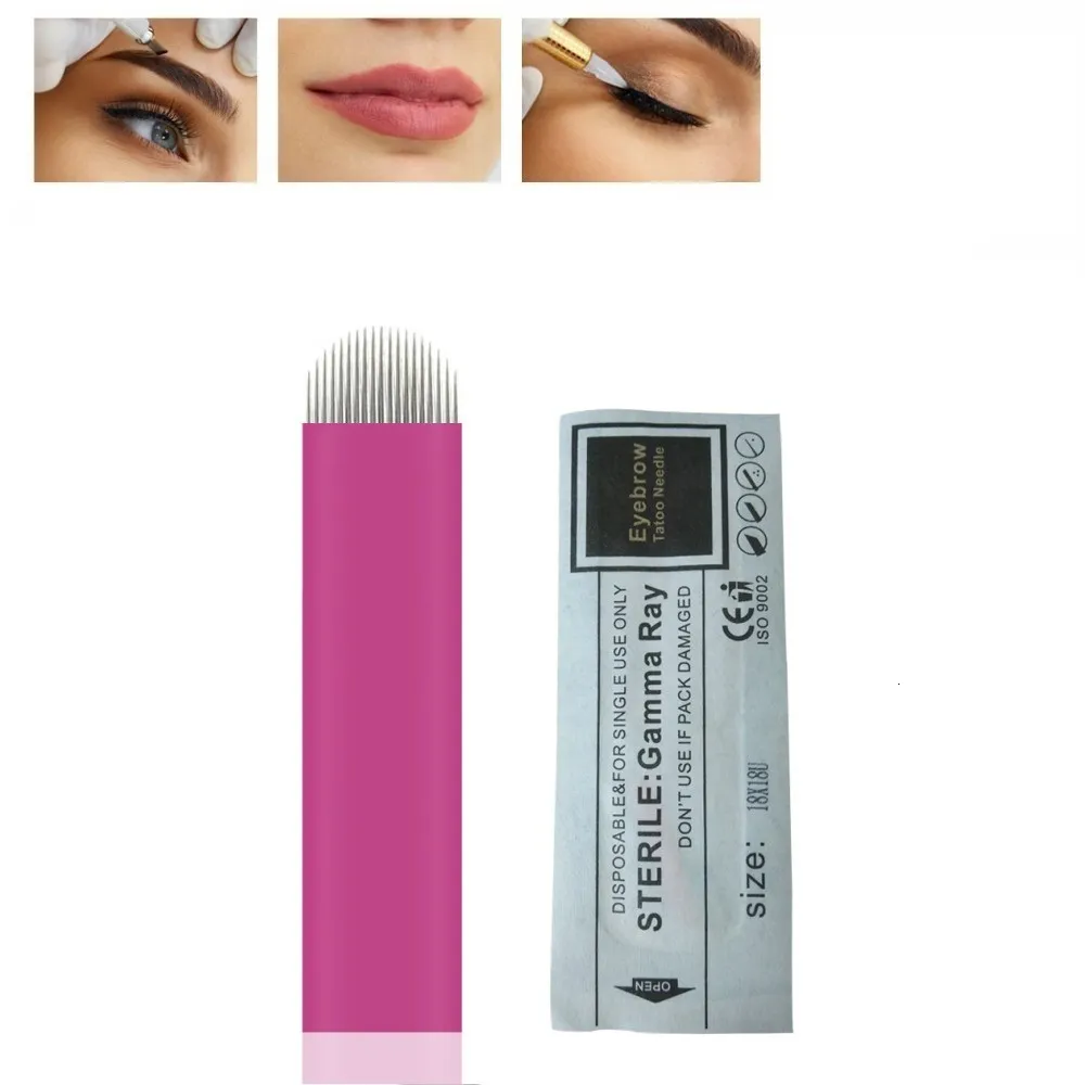 Tattoo Naalden Roze 18U Vorm 0.18mm Blade Tattoo Wenkbrauw Naald Tattoo Naalden Permanente Make-Up Wenkbrauw Borduurmes Voor 3D microblading 230630