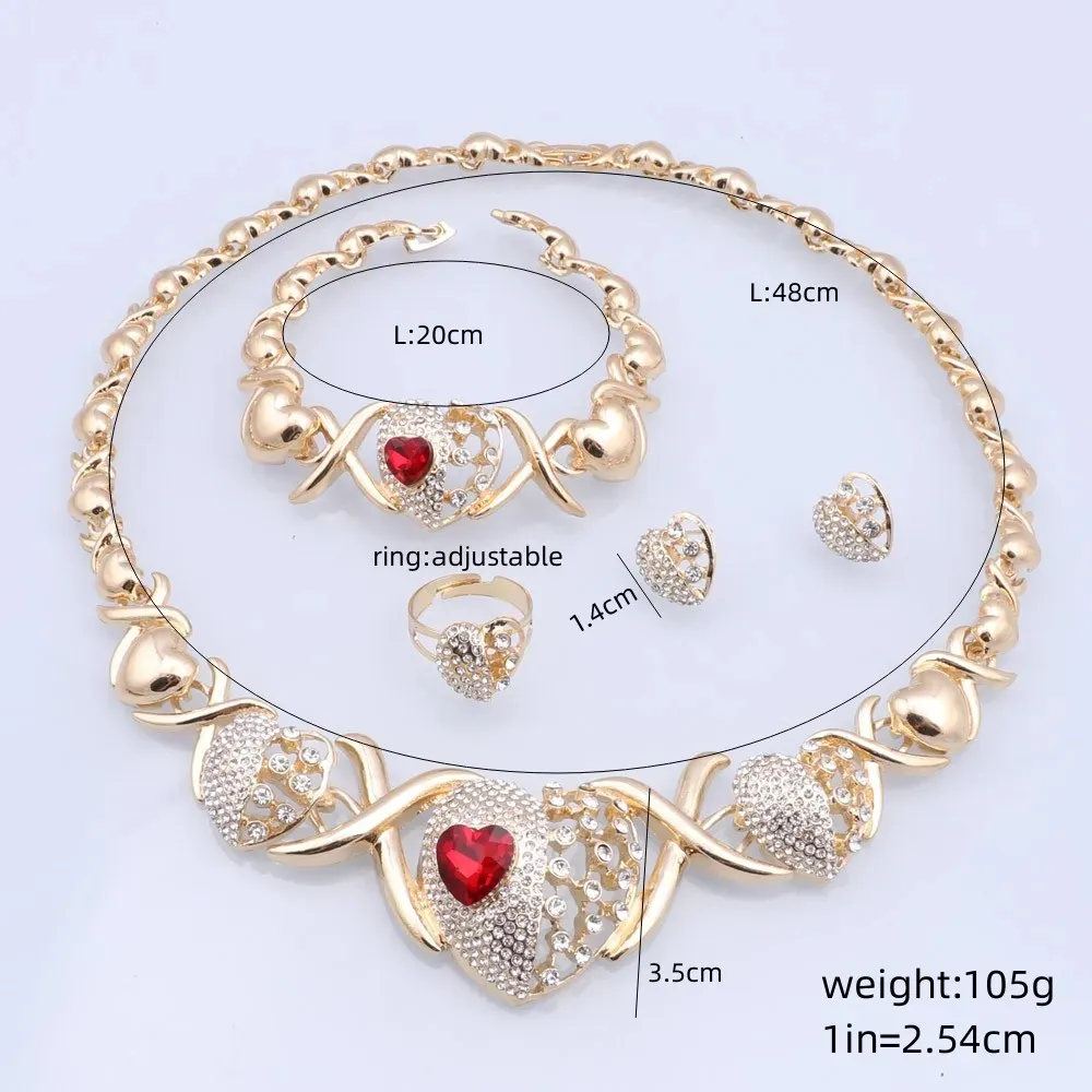 Rhinestone Heart-shaped Kiss Jewelry Set Wedding Red Gold Plated Jewelry Xoxo Necklace Ring Bracelet Earrings Set