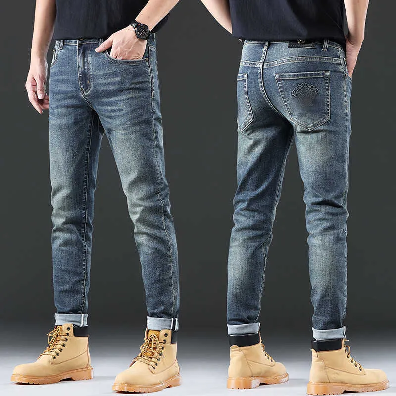 Men's Jeans designer Autumn Fashion Brand Korean Leggings Slim Fit Thick European Embroidery Medusa Blue Pants U1P0