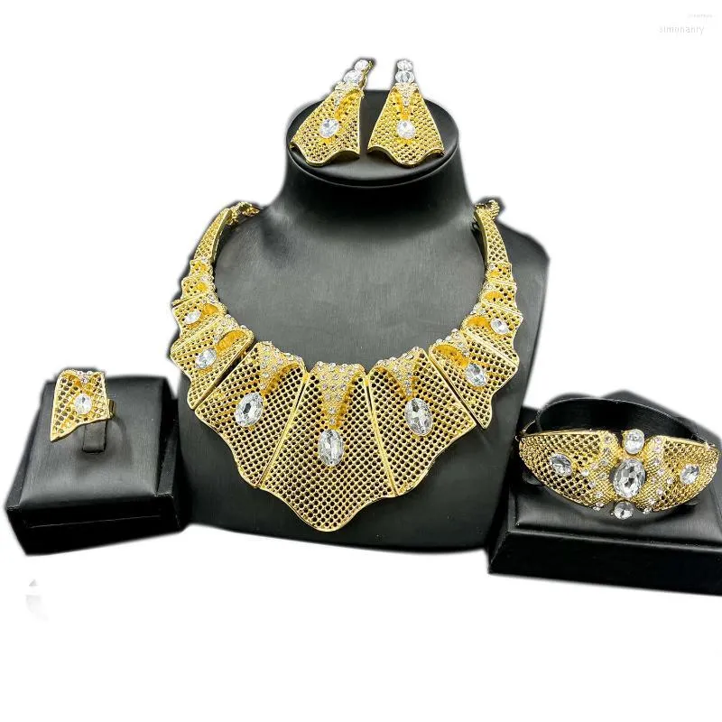 Necklace Earrings Set African Jewelry Vintage Crystal Elegant Bridal Bracelet Stud For Women Ring Gift Wedding Accessories