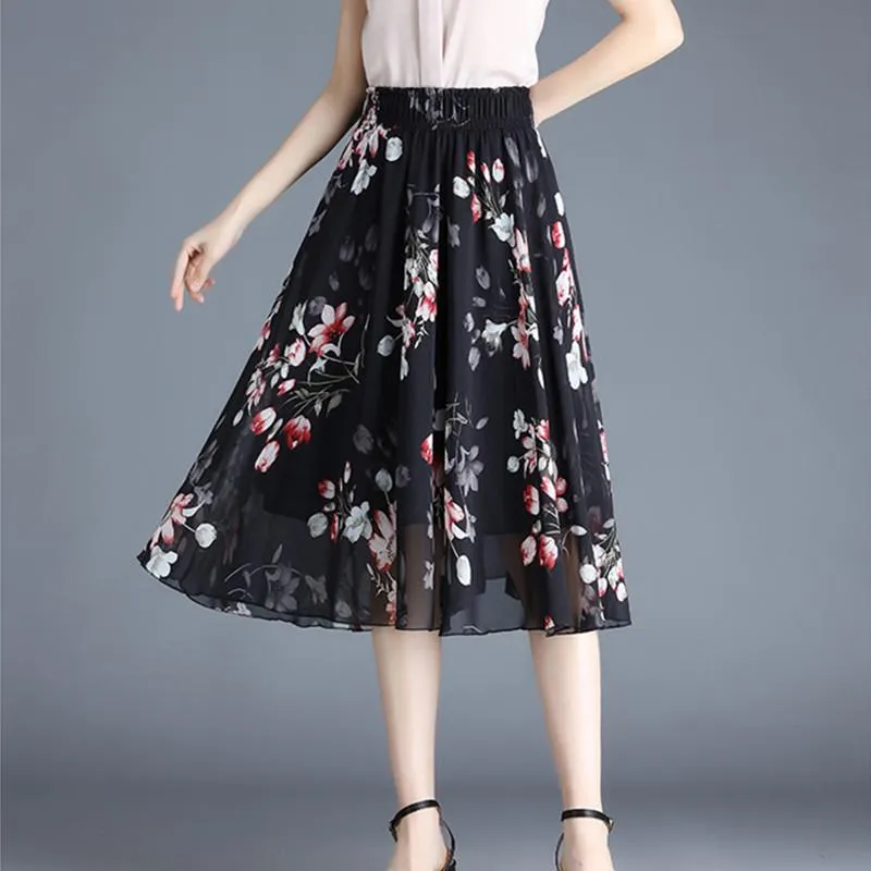 T-Shirt Summer Black Skirts Women Chiffon Saia Casual Bottom Woman Clothes Faldas Ropa Mujer Tutu Midi High Waist Skirt Ladies Vestidos