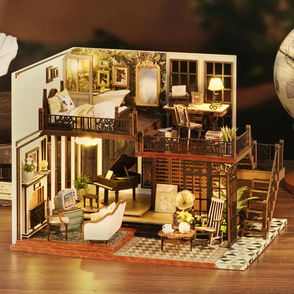 Poppenhuis Accessoires DIY Poppenhuis Diorama Speelgoed Kinderen Miniatuur Poppenhuis Puzzel Model Handgemaakte Miniatuur Poppenhuis Batterij Aangedreven Kits voor Kinderen 230629