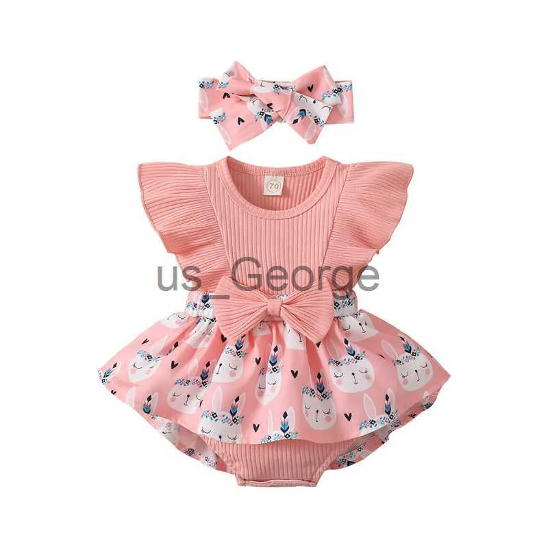 Ensembles de vêtements nouveau-né bébé filles vêtements de Pâques lapin imprimé côtelé patchwork mouche manches combinaison ALine barboteuse avec arc bandeau J230630