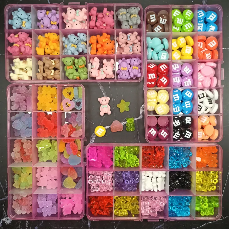 Nagelkonstdekorationer 1Box Kawaii Söt Little Bear Nail Decorations Glitter Harts Nail Charms 3D Gummy Gummy Candy/Star/Heart Diy Manicure Accessory 230629