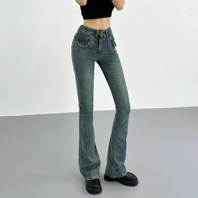 Kvinnors jeans mångsidiga mode TVVovvin vintage flare hög midja smal fit väska elastisk tvättad denim golv drar byxor fz8r