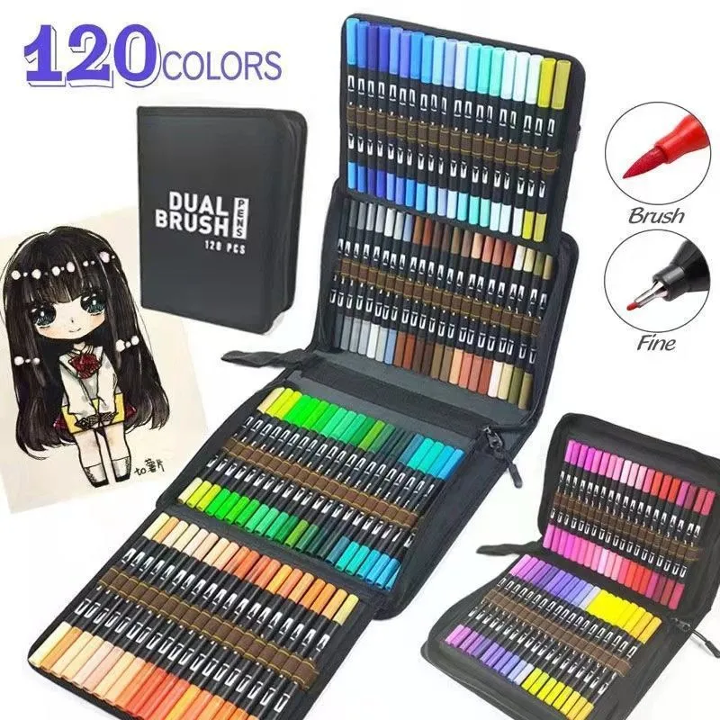 Markers Watercolor Brush Marker Pen 60/120 Färgade dubbla tips Markörer filt Tips Pens Skissböcker för ritningspapper 230629