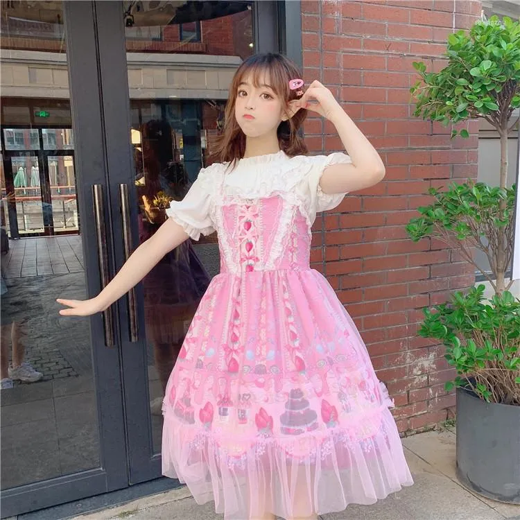 Sukienki swobodne japoński uczeń słodka lolita sukienka vintage koronkowa bowknot urocza druk wiktoriańska wysoka talia gotycka jsk kawaii dziewczyna