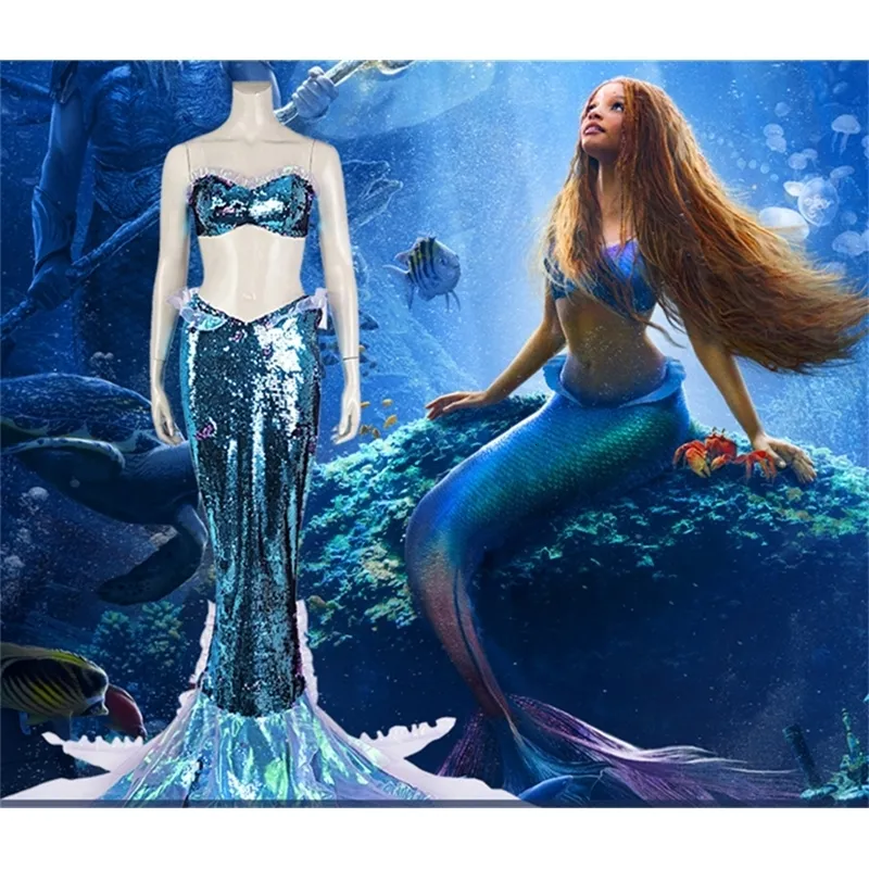 Kvinnor S badkläder Princess Cosplay Costume Halloween Fancy Blue Dress Mermaid Women Sequin kjol 230629