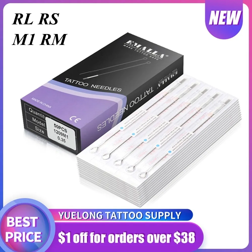 Tatueringsnålar Emalla 50st RL RS M1 RM 0,35 mm disponibla steriliserade runda foder Tatueringsnål Medicinsk för tatueringsmaskiner Gun Liner Shader 230630